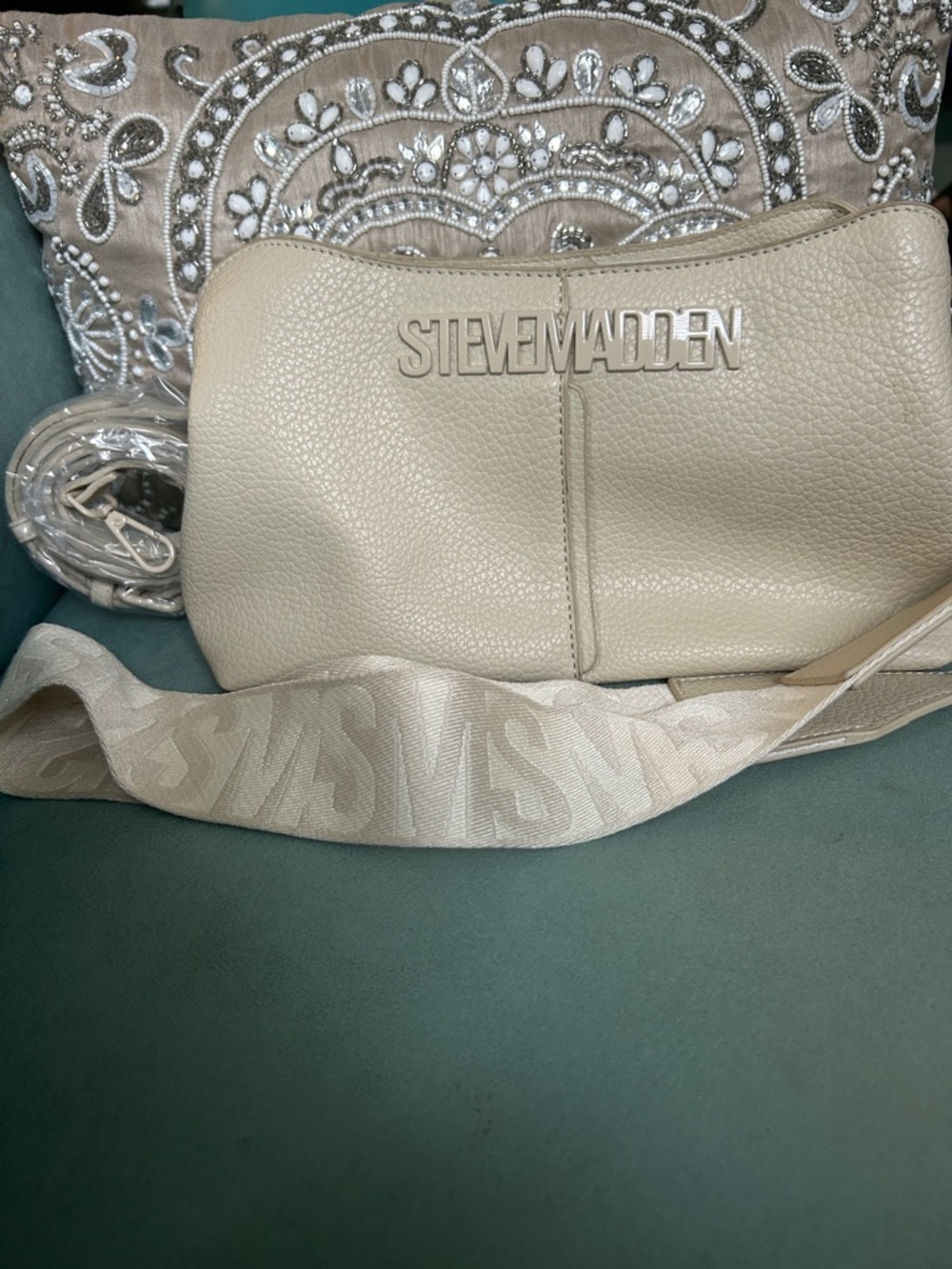 Steve Madden Pebbled Cream Crossbody with Branded Strap
